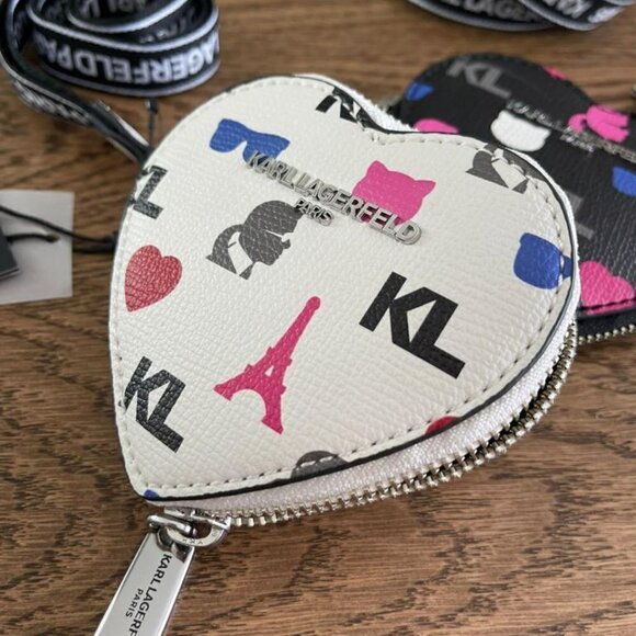 NEW! Karl Lagerfeld Heart Zip Coin Purse / Lanyard -Red/ Pink/ White/ Black - Picture 10 of 14